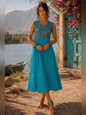 Artisanal Indian Cotton Gauze Embroidered Midi Dress